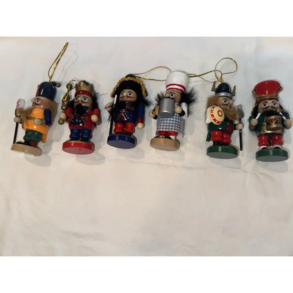 6 Wooden Nutcracker Hanging Christmas Tree Ornaments Set Multicolor Assorted